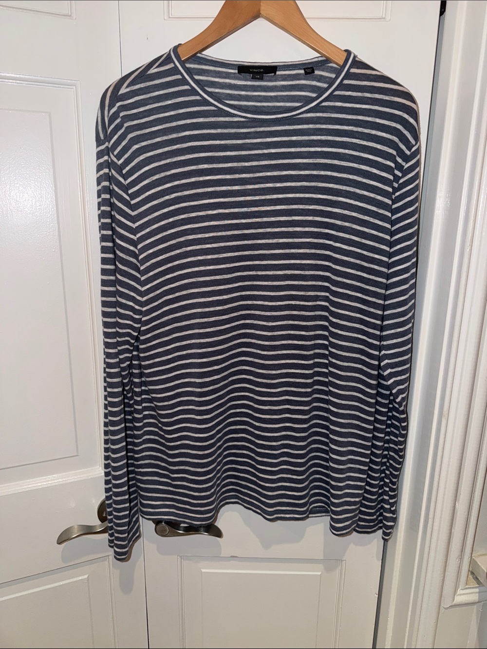 Vince  Men’s Navy & White Striped Long-Sleeve Linen Top